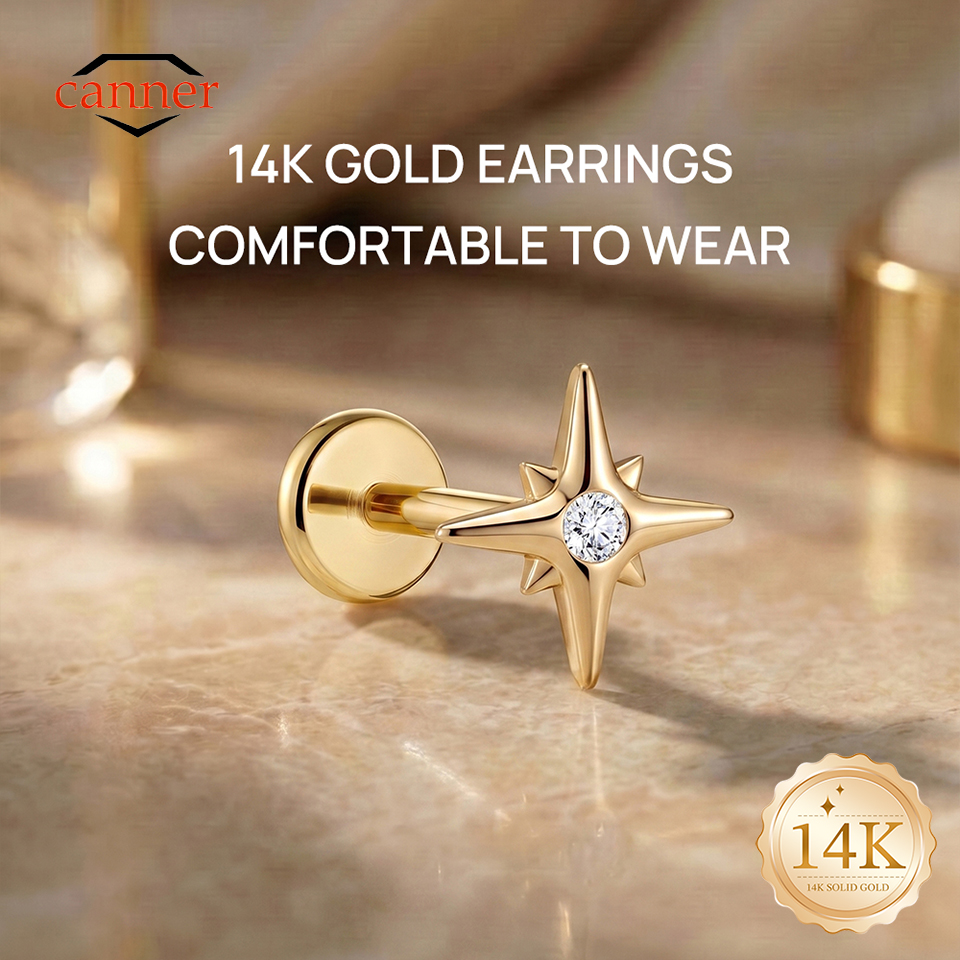 Tragus Flat Back - CANNER 1PC 14K Solid Gold Eight-pointed