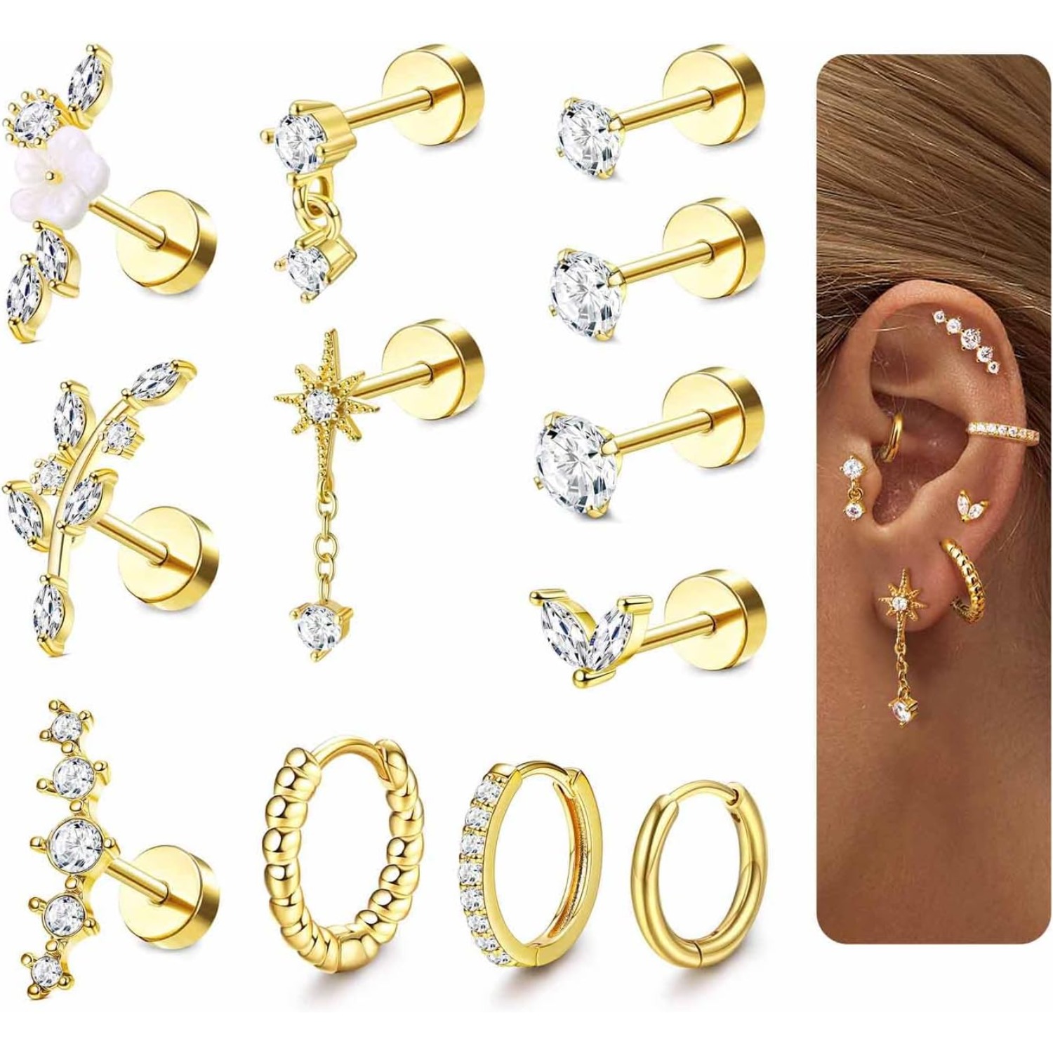 Tragus Flat Back - Drperfect 12Pcs Helix Piercing Jewellery Surgical