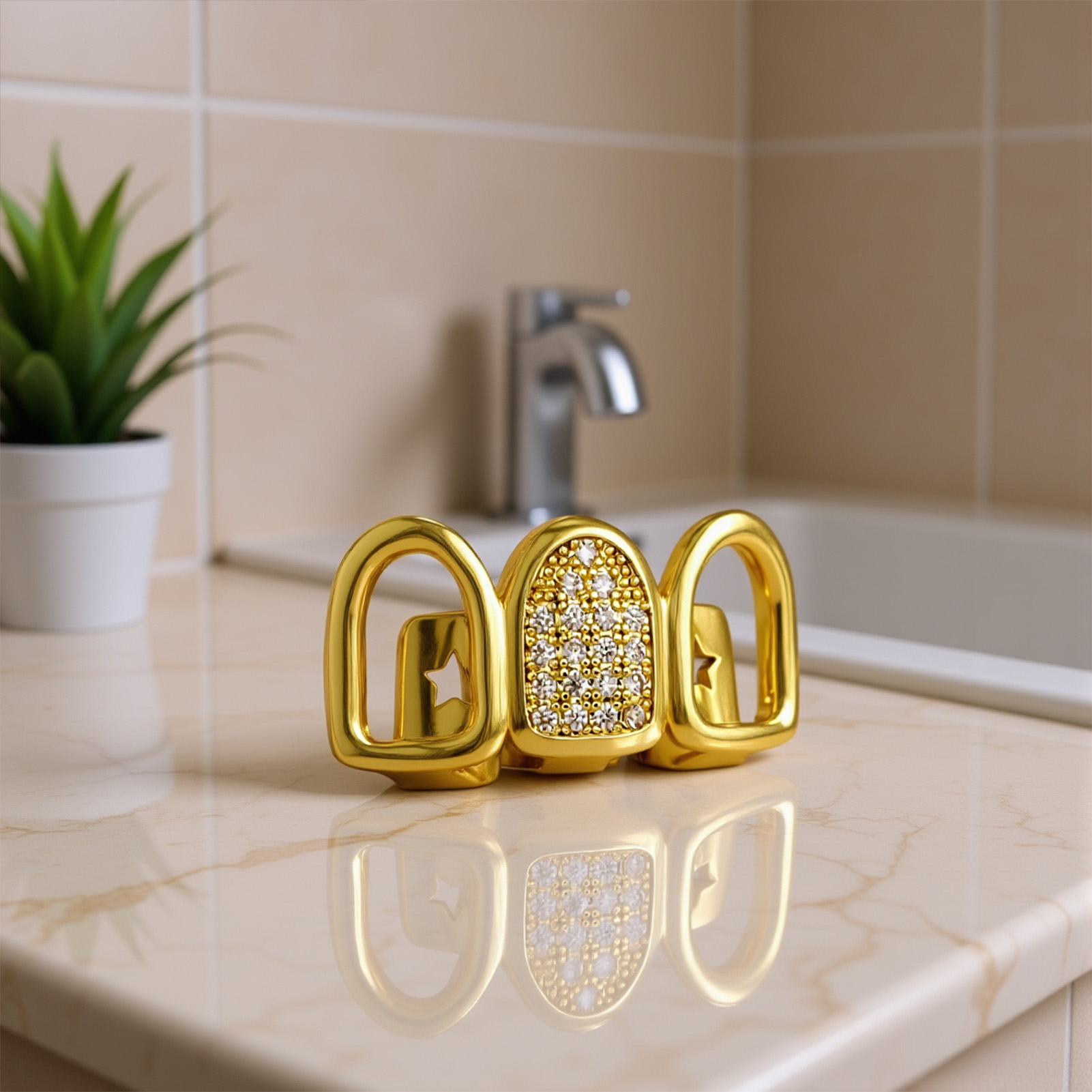 Body Jewelry Piercing - Rhinestone Teeth Cover Gold Plated Hollow